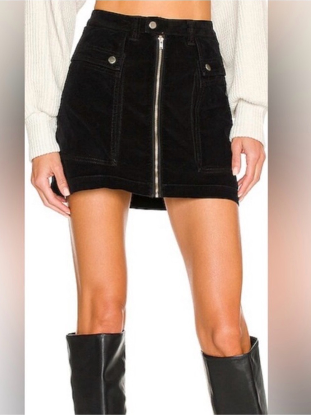 Free People Black Front-Zip Mini Skirt